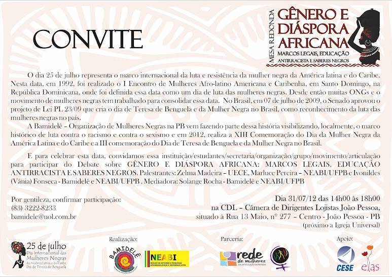 Convite - Mesa Redonda Genero e Diaspora Africana