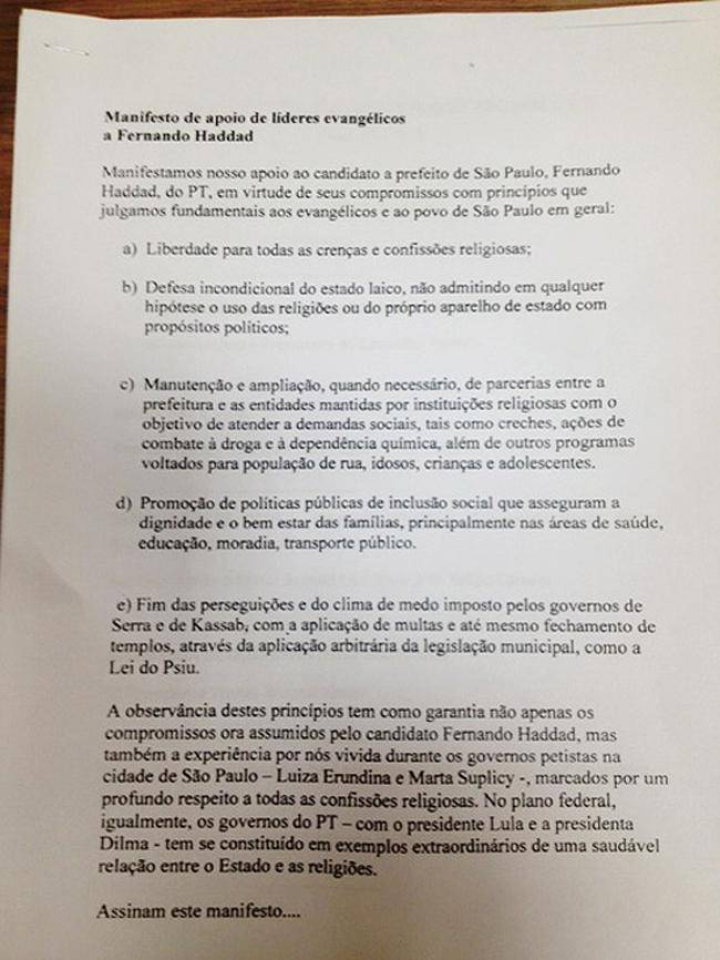 manifesto evangelico a fernando haddad