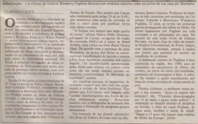 Matéria de 1995 da jornalista Clara Glock, pelo Zero Hora, do Rio Grande da Sul (Reprodução)