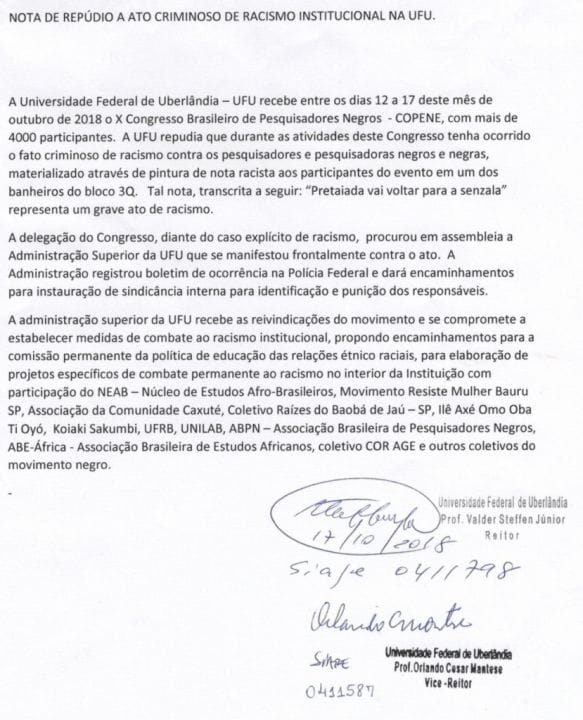 UFU divulga nota de repúdio a ato de racismo